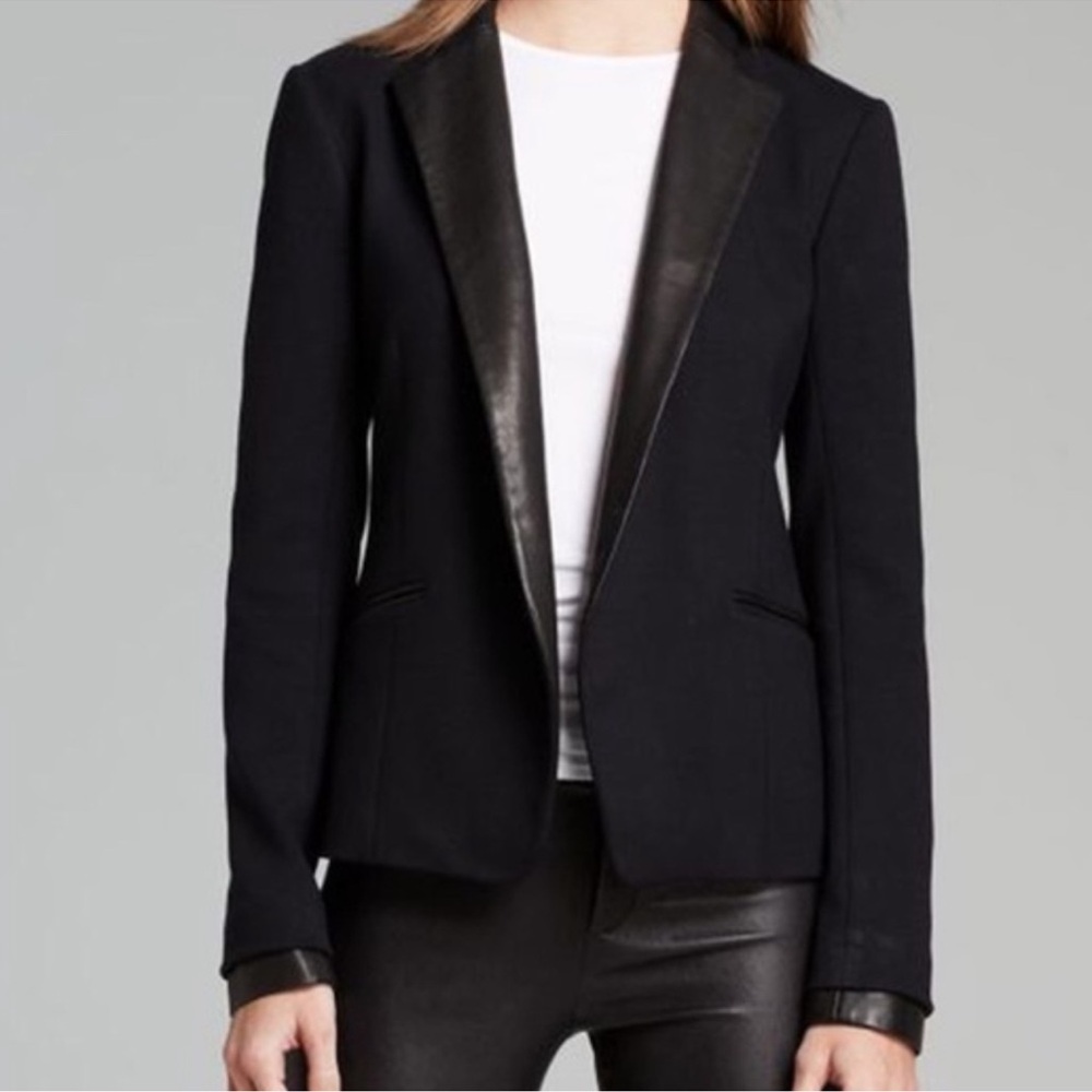 Theory Leandria Classical Blazer Women’s Size 6 Jacket Leather Trim Black